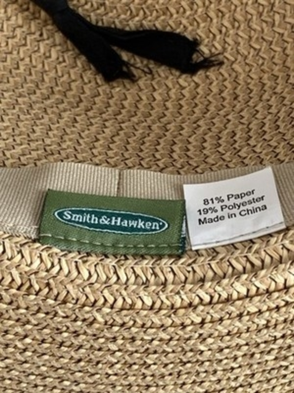 Smith & Hawken Wide Brim Straw Sun Hat Black Ribbon Chin Cord Natural Tan VG - Picture 10 of 10